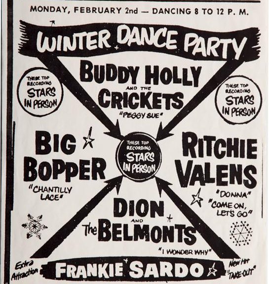 Poster: Winter Dance Party | Buddy Holly and the Crickets | Big Bopper | Ritchie Valens | Dion and the Belmonts (and much other text)