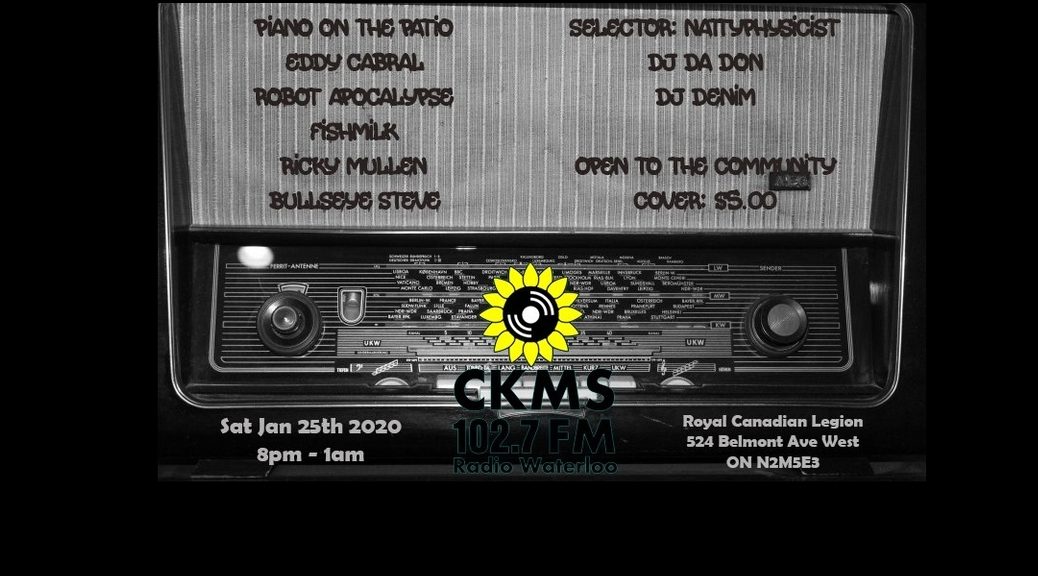 Poster for CKMS Social on 25 Jan 2020 with details superimposed over an old-timey radio