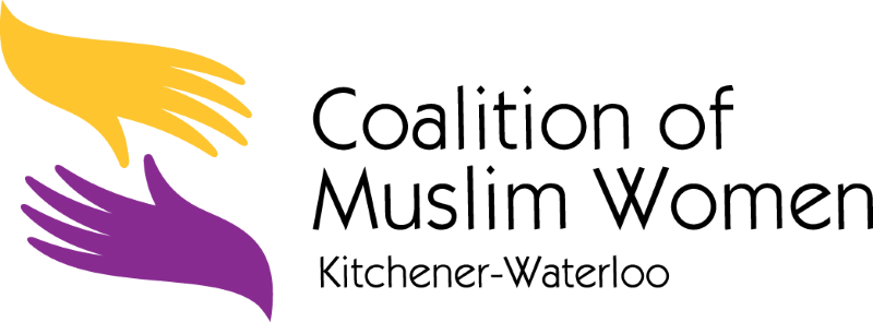 Logo for the Coalition of Muslim women KW. On the left of the image, two illustrated hands are reaching for each other - a yellow one on top, a purple on beneath it. To the right of the hands reads the name of the group.