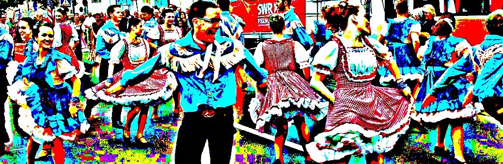 People square dancing in the street (solarized image)