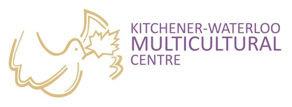 Logo for the KW Multicultural Centre. White background with a basic outline illustration in gold of a dove with a maple leaf in its mouth on the left of the image. taking up 1/3 of the space. In the remaining 2/3ds of the space, in purple text reads "Kitchener-Waterloo Multicultural Centre."