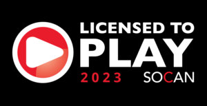 Licensed to play | 2023 SOCAN (white and red letters on a black background, SOCAN logo to the left)