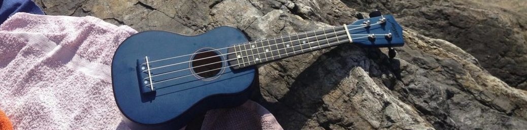A towel on a rock beside the ocean, with a ukelele on the towel