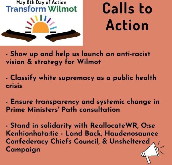 Event poster with "May 8th Day of Action - Transform Wilmot" at the top with a sun with a rainbow of rays and black and brown swooshes. To the right "Calls to Action". Below that "Show up and help us launch an anti-racist vision & strategy for Wilmot. - Classify white supremacy as a public health risk. - Ensure transparency and systemic change in Prim Ministers' Path Consultation. - Stand in solidarity with ReallocateWR, O:se Kenhionhata:tie - Land Back, - Haudenosaunee Confederacy Chiefs Council, & Unsheltered Campaign." At the bottom right is an illustration of a white megaphone.