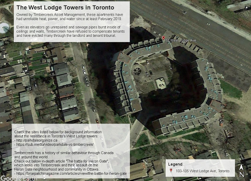An aerial photograph of the area around the West Lodge Towers in Toronto. There are 2 text bubbles describing how crappy the landlord, Timbercreek Asset Management, is.