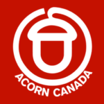 ACORN CANADA ( white line drawing of an acorn in an '@' sign, with text curving along the botton, all on a red background)