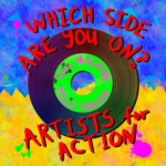 Which Side Are You On? | Artists For Action (illustration of a record in front of a background of blue at the top and yellow on the bottom; the record label reads "This Machine Kills Fascism")