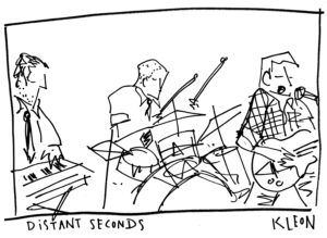 Distant Seconds | Kleon (line drawing of a keyboard player, drummer, and guitar player)