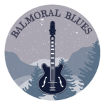 Balmoral Blues (illustration of a B&W guitar with a microphone for the headstock, superimposed over a landscape of a snowcovered mountainside with pine trees in the foreground, rendered in faded blue colours)