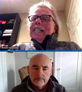 Screencap of a web conference with Barbara Schumacher (top) and Jim Stewart (bottom)