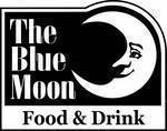 The Blue Moon | Food & Drink (black and white lettering, illustration of a crescent moon with a satisfied smile on its face to the right)