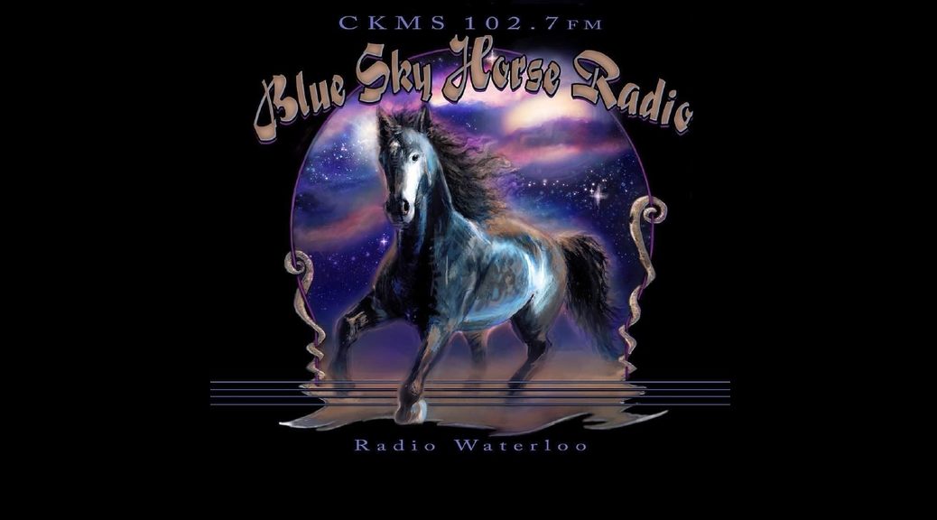 Blue Sky Horse Radio (painting of a horse running through a portal with clouds and stars in the background, and a black background surrounding the portal)