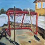 (painting of a hockey net on the road with a hockey stick leaning on it and a hockey puck in front)