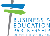 Business & Education Partnership of Waterloo Region (illustration of two wayfinding signs, one blue pointing left above one green pointing right, both on a tilted post)