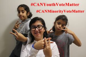 #CANYouthVoteMatter | #CANMinorityVoteMatter (Abdullah, Aalaa, and Ayla Rehman making hashtag signs with their fingers)