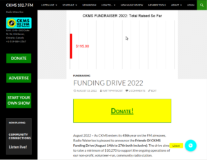 Screenshot of Radio Waterloo web page "Funding Drive 2022"
