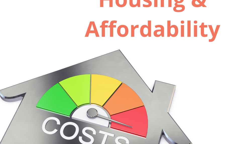 An image on a white background of the outline of a grey house, with a chromatic gauge in the roof area. The gauge going from green to red has a needle pointing to the red, and underneath the gauge in white text is the word "Costs". Above the house the words "Housing and Affordability" are in orange text.