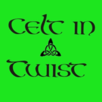 Celt In A Twist (black runic style lettering on a green background, with a triskel in the centre)