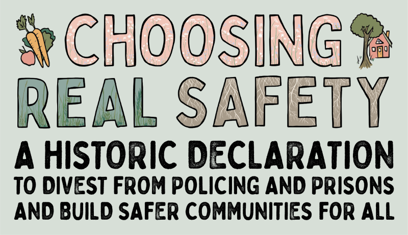 Poster for Choosing Real Safety campaign. Light green background with stylized text in pink, green, brown and black, reading "Choosing Real Safety - A Historic Declaration to Divest from Policing and Prisons and Build Safer Communities for All. On either side of "Choosing" is an illustration - on the left, two carrots, an apple and some lettuce, on the right a big tree with a house behind it.