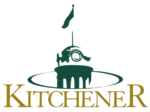 (stylized logo, the old Kitchener City Hall clock tower with a flag on top, in green on a white background, with the word "KitcheneR" in gold letters below)