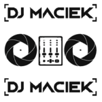 DJ Maciek (black text "DJ Maciek" repeated at top and bottom, middle illustration of a DJ turntable deck with photography irises in place of the turntables)