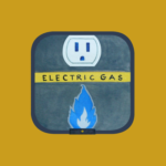 Electric Gas (illustration of a wall plate with an electrical outlet and a gas flame on a yellow background)