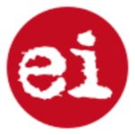 ei (white letters in a raggedy typeface on a red circle)