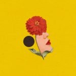 (a red marigold and a black dot on a yellow background)