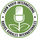 Farm Radio International / Radios Rurales Internationales (illustration of a microphone with leaves at the base on a green background, text in a circle around it)