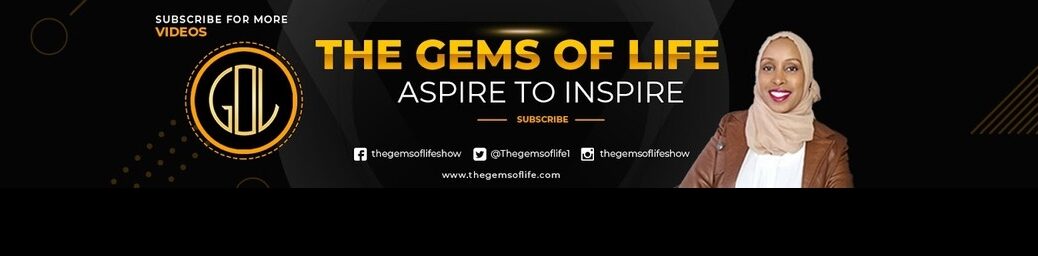 The Gems Of Life | Aspire To Inspire (logo and portrait of Fadhwa Yusuf with social media icons)
