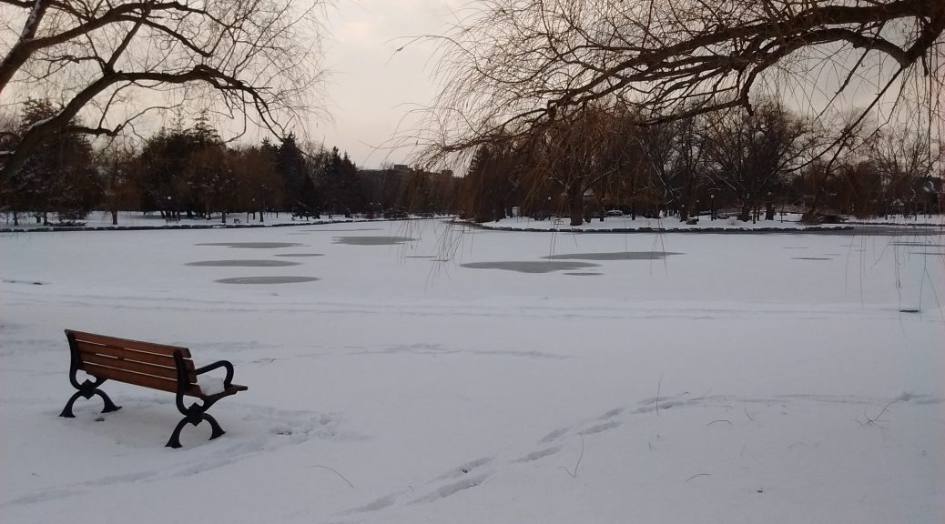 an empty bench faces the a downtown lake, the ground is covered with snow and although the lake has snow on it, large circles of warmer areas expose warmer areas in the lake. There is a lone park bench in the lower left corner.