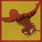 (Silhouette of a man falling backwards into flames, red on a yellow background)