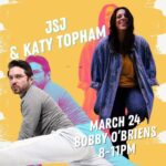 JSJ & Katy Topham | March 24 | Bobby O'Brien's | 8-11pm (picture of Joshua Säde James and Katy Topham, rendered as though it is a 3D anaglyph image)