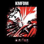 KMFDM (red, black, and white cartoon-like illustration of an angry-looking woman slapping the face of a screaming man; there are some symbols underneat the illustration: explosion, skull-and-crossbones, cherry bomb, spiral, a fist smashing sticks(?) )