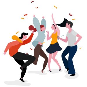 (illustration of people dancing, with confetti overhead)