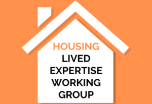 Housing | LIved Expertise Working Group (Illustration of a white house on an orange background with black lettering inside)