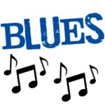 The word "Blues" with blue letters in various typfaces above several black musical notes.