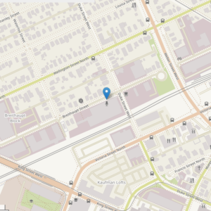 (OpenStreetMap image showing the location of the CKMS-FM Radio Waterloo studio with a blue marker and a microphone icon)