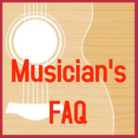 Musician's FAQ (red letters over a woodgrain background with a line illustration of a guitar body)