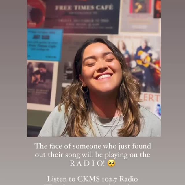 The face of someone who just found out their song will be playing on the RADIO :) | Listen to CKMS 102.7 Radio (white text at the bottom of a grey frame surrounding a photo of Natalia Valencia grinning into the camera with her eyes closed)