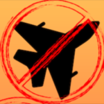 (illustration of a fighter jet in silhoutte with a red "No" symbol (circle with diagonal line) overlaid, all on an orange background