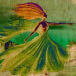 (a reverse colour solarized image of a woman with long hair blowing in the wind, wearing a flowing sari, and pointing ahead of her. One breast is uncovered)