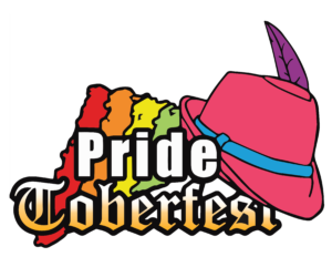 Pride Toberfest (outline letters, with "Toberfest" in a Fraktur typeface, over a rainbow logo and a pink Alpine hat with a blue hatband)