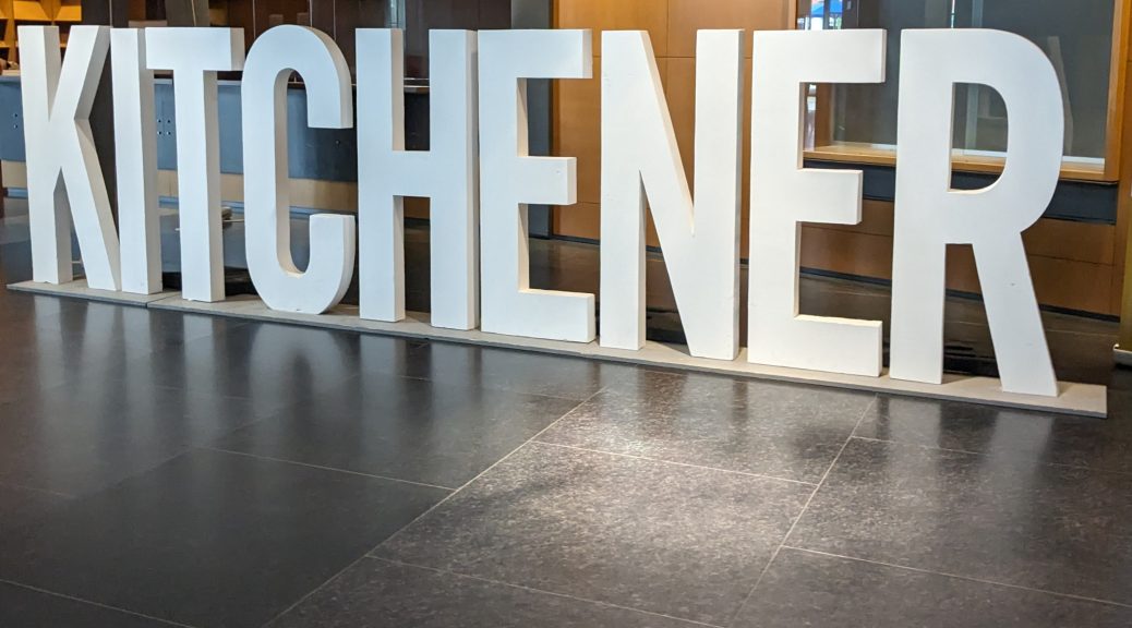 A large 3 foot high and roughly 10 feet letters that read "Kitchener".