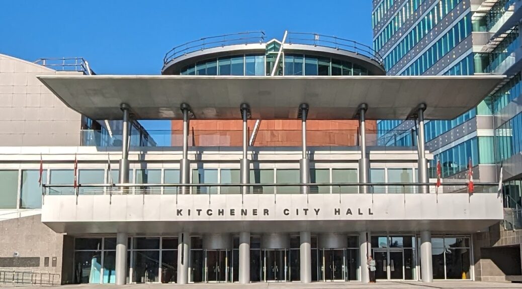 A picture of the front of kitchener city hall