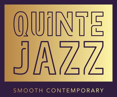 Quinte Jazz | Smooth Contemporary (outline font for the show name, purple on gold, small font, gold on purple for tag line)