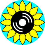 CKMS Logo - yellow sunflower with a black centre with diagonal wavies on a circular teal background, transparent background to corners