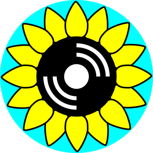 CKMS Logo - yellow sunflower with a black centre with diagonal wavies on a circular teal background, transparent background to corners