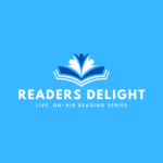 Sky blue background. 'Readers Delight live, on-air reading series' Logo is a book open with three people emerging from pages.