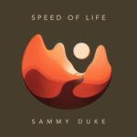 Speed Of Life | Sammy Duke (stylized illustration of a pale pink moon over orange mountains with a dark red river running through them)